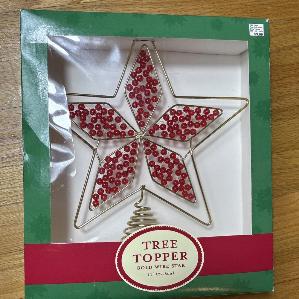 New‎ Tree Topper Gold Star Wire With Red Beads 11